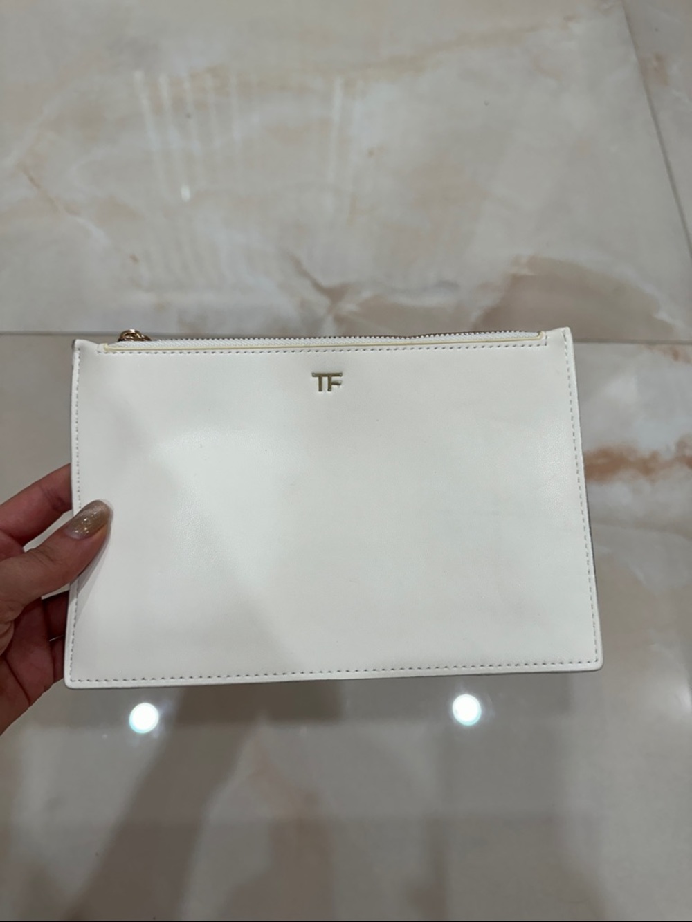 Tom Ford White Leather Zip Pouch with Gold Hardware